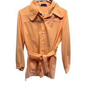 Vintage Light Orange Polyester Knit Women ButtonUp Top Pockets Belt Large Collar